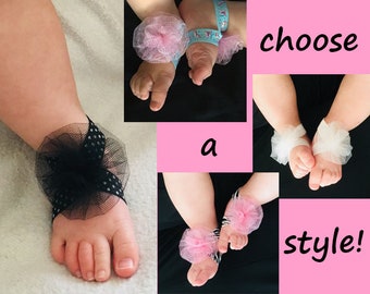 Baby Girl Tulle Pouf Barefoot Sandals - Pink Zebra, White Wedding, Black Polka Dot, or Pink/Blue Unicorn