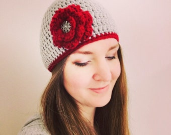 Silver Sparkle & Red Flower Beanie