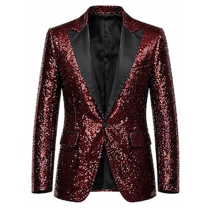 May include: A dark red sequined blazer featuring a single-button closure, black satin peak lapels, and two front flap pockets. The entire exterior of the jacket is covered in small, reflective red sequins, creating a textured, shimmering appearance.
