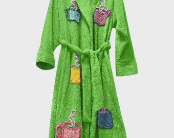 Handmade Green Cotton Terry Bathrobe | Tyler Durden Lightweight Coffee Mug Embroidered Spa Robes
