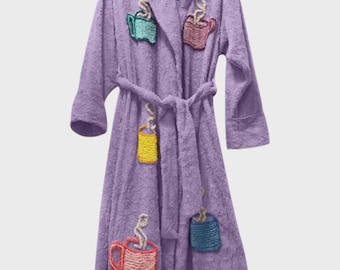 Tyler Durden Unisex Purple Cotton Bathrobe | Lightweight Terry Towel Spa Robe | Handmade mug embroidery