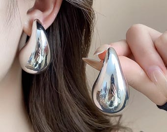 Chunky Silver Teardrop Earrings, Liquid Metal Statement, Mirror Finish, Modern Minimalist