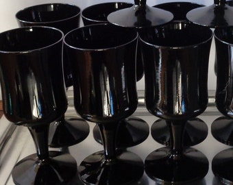 10 BLACK WINE or cocktail GLASSES hand blown bar cart ware