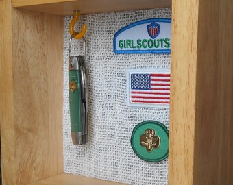 Vintage Girl Scout knife shadow box collection Utica Kutmaster den mother display wall decor