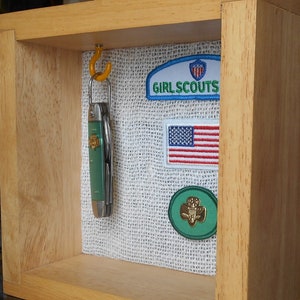Vintage Girl Scout knife shadow box collection Utica Kutmaster den mother display wall decor