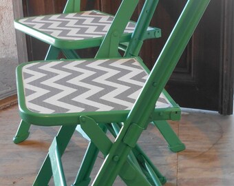 2 Folding children's chairs pair vintage kid's chair green seafoam chevron grey gray white two lifetime heirloom playroom play room  osha