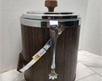 Vintage MCM ice bucket by Kromex wood grain look & stainless steel