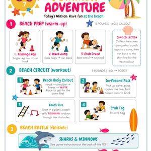 May include: A colorful infographic titled "Summer Adventure" with beach-themed workout instructions. It includes illustrations of exercises like Flamingo Hop, Wave Jump, and Crab Crawl, along with a shark and minnows game.