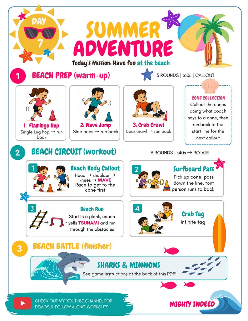 May include: A colorful infographic titled "Summer Adventure" with beach-themed workout instructions. It includes illustrations of exercises like Flamingo Hop, Wave Jump, and Crab Crawl, along with a shark and minnows game.