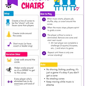 May include: A colorful game guide titled "Musical Chairs" with instructions and variations. The guide includes setup instructions, how to play, variation ideas, and rules. The text is in purple, blue, and yellow, with illustrations of chairs, cones, and musical notes.