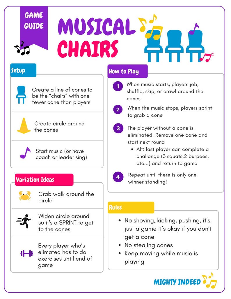 May include: A colorful game guide titled "Musical Chairs" with instructions and variations. The guide includes setup instructions, how to play, variation ideas, and rules. The text is in purple, blue, and yellow, with illustrations of chairs, cones, and musical notes.