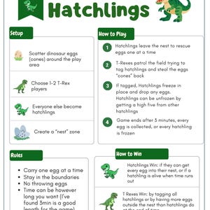 May include: A game guide titled "T-Rex & Hatchlings" with illustrations of dinosaurs and eggs. The guide outlines setup, rules, and how to play, including instructions for T-Rexes and Hatchlings. The game involves collecting eggs and tagging players.