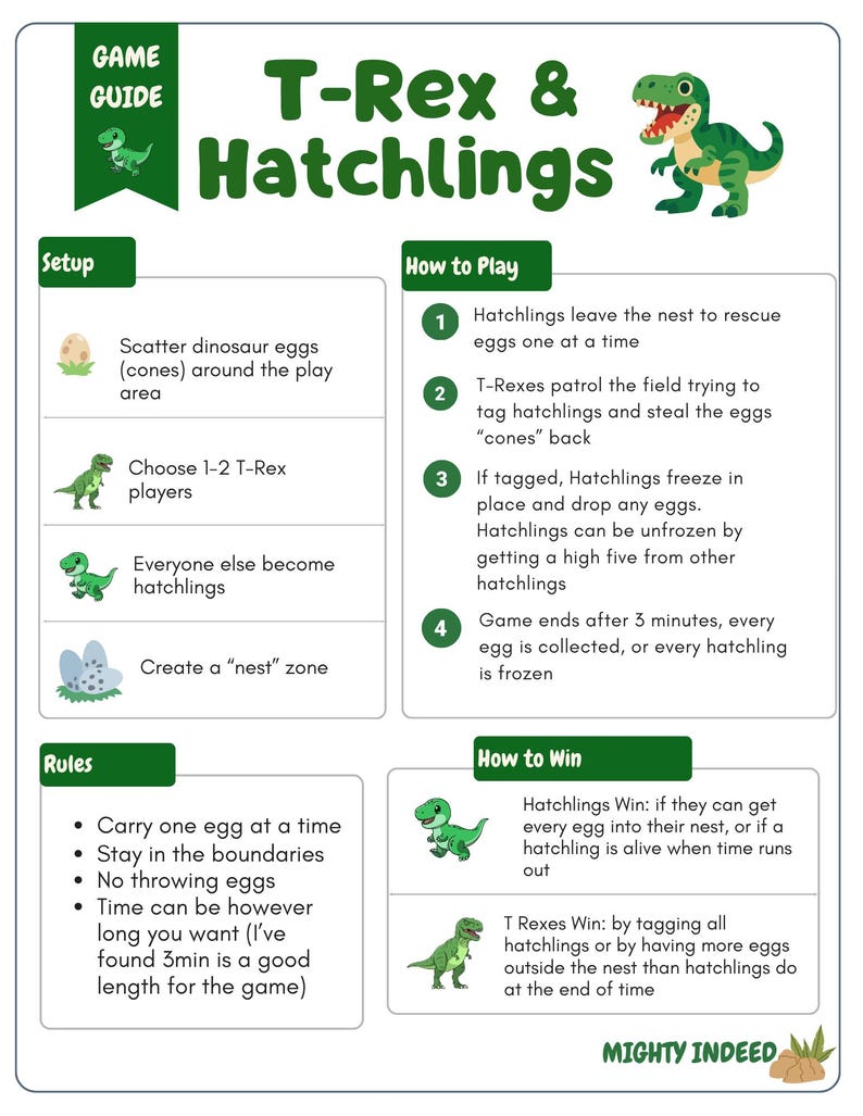May include: A game guide titled "T-Rex & Hatchlings" with illustrations of dinosaurs and eggs. The guide outlines setup, rules, and how to play, including instructions for T-Rexes and Hatchlings. The game involves collecting eggs and tagging players.