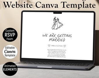Può includere: Un laptop mostra un modello di sito web di matrimonio con il testo "WE ARE GETTING MARRIED" e i nomi "ARBELLA & ETHAN". Il design include un disegno a tratto di una coppia e le parole "Illustrated Wedding Website Canva Template".