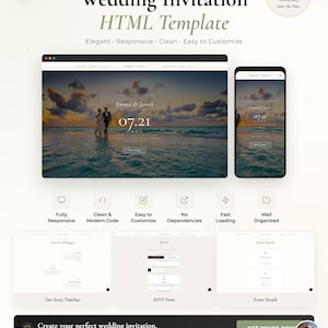 May include: A website template for wedding invitations, displayed on a laptop and smartphone. The design features a couple on a beach at sunset, with the date 07.21. The template is responsive, clean, and easy to customize.