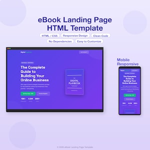 Peut inclure: Maquette de page de destination d'eBook de marketing numérique, présentant une conception de site Web sur un ordinateur de bureau et un appareil mobile. La conception présente une palette de couleurs violet et bleu, avec le texte "eBook Landing Page HTML Template". L'eBook s'intitule "The Complete Guide to Building Your Online Business".