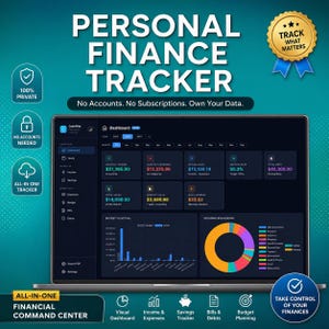 May include: A laptop screen showing a personal finance tracker dashboard with financial data. The interface displays income, expenses, savings, and budget information. Text includes "Personal Finance Tracker."