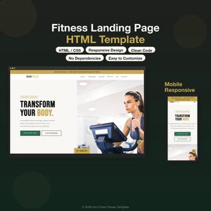 May include: A website design for a fitness landing page, featuring the text "Fitness Landing Page HTML Template." The design includes a desktop and mobile view, showcasing a woman using exercise equipment. The text "Transform Your Body" is prominently displayed.