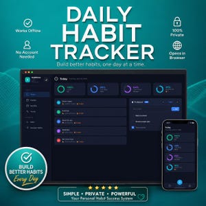 Op de afbeelding: Een digitale habit tracker-interface weergegeven op een laptop en smartphone. De interface is donker met kleurrijke voortgangsindicatoren en de tekst "DAILY HABIT TRACKER". De app belooft betere gewoonten op te bouwen.