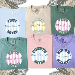 Puede incluir: Seis camisetas de manga corta en varios colores, incluyendo azul claro, beige, verde oscuro, verde azulado, rosa claro y morado. Cada camiseta presenta un gráfico circular con rayas verticales, el texto First, Second, Third, Fourth, Fifth Grade o Kindergarten, y el nombre de un profesor.