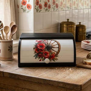 Panera de madera con tapa enrollable, estampado de amapolas rojas, hecha a mano en madera de haya, organizador de cocina.