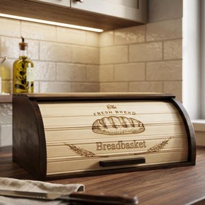Large Wooden Bread Box Extra Capacity Handmade Engraved Beech Wood Kitchen Storage Countertop Organizer
