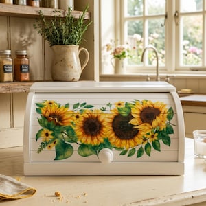 Panera de madera blanca con estampado de girasoles, hecha a mano para guardar el pan en la encimera de la cocina.