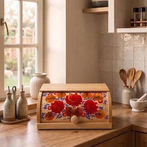 May include: A rectangular wooden bread box with a roll-top door featuring a hand-painted floral design. The artwork displays vibrant red, orange, and yellow flowers with blue leaves on a light wood grain surface, finished with a small round knob.