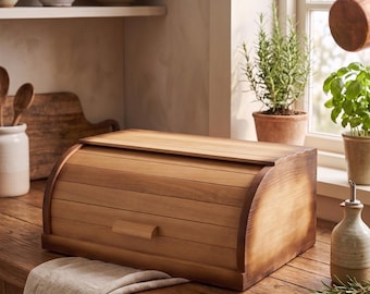 Grande scatola per il pane in legno di faggio – Contenitore per il pane in legno in stile rustico, realizzato a mano per il piano della cucina