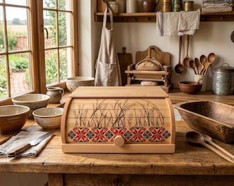 Scatola per il pane in legno di faggio con motivo ricamato tradizionale ucraino e decorazione a spiga di grano realizzata a mano per la cucina.
