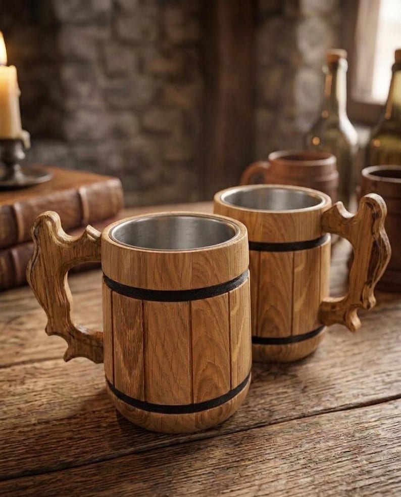 Oak Beer Mug, Stainless Steel Lined Wooden Tankard, Handmade Rustic ...