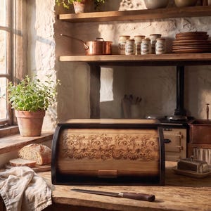Könnte beinhalten: Ein Brotkasten aus Holz mit Rolltür, die ein filigranes, lasergraviertes Blumenmuster aufweist. Der Kasten hat eine dunkel gebeizte Oberfläche an den Rändern und ein Zentrum aus Naturholz. Ein gezacktes Brotmesser liegt auf dem Holztisch davor.