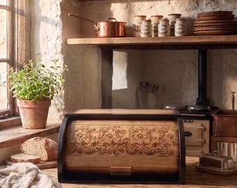 Scatola per il pane in legno di faggio realizzata a mano con un intricato design ornamentale tradizionale ucraino, ideale per cucine rustiche.