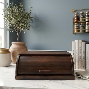 Handmade Dark Beech Wood Bread Box, Rustic Wooden Bread Bin, Large Kitchen Countertop Storage