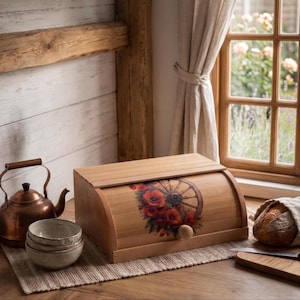May include: Wooden bread bin with a roll-top lid. The front features a floral and wagon wheel design with red poppies. A copper kettle and stack of bowls sit nearby. A loaf of bread rests on a wooden cutting board.