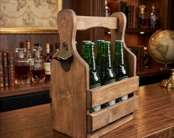 Wooden Beer Caddy Bottle Carrier with Built-in Metal Cap Opener, Father's Day Gift