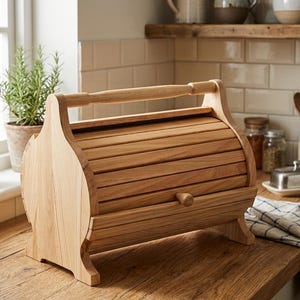May include: A light-coloured wooden bread bin featuring a roll-top lid with a small round knob and a sturdy handle across the top. The structure is supported by two side panels with curved edges, providing a stable base for storing baked goods.