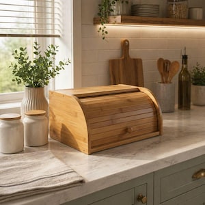 Puede incluir: Una panera de bambú marrón claro con puerta enrollable y un pequeño pomo de madera. La panera está sobre una encimera de cocina. Dos tarros blancos con tapas de madera y un jarrón con vegetación están cerca.