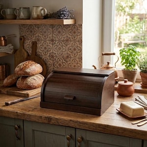 Beech Wood Bread Box Dark Brown Storage Bin Handmade Roll Top Kitchen Countertop Organizer