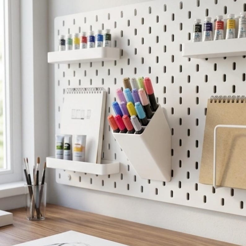 Peut inclure: Un panneau perfor&eacute; blanc de rangement mural avec deux &eacute;tag&egrave;res horizontales contenant des tubes de peinture, un pot inclin&eacute; rempli de marqueurs color&eacute;s et un support m&eacute;tallique avec un carnet &agrave; spirales, fix&eacute; au-dessus d'un bureau en bois.