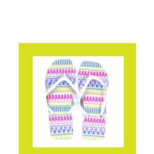 May include: A pair of flip-flops featuring a multi-colored horizontal striped pattern in shades of yellow, pink, blue, and white. The footwear includes white thong-style straps and a flat sole design with a repeating geometric print across the surface.