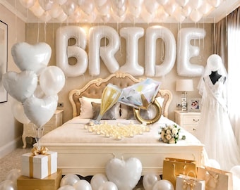 Bride Balloon Decoration Set | Pearl White, 40 Inch Bride, Veil Sash, Heart Balloons