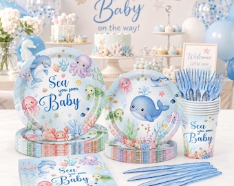 Sea You Soon Baby Shower Tableware Set, 20 Guests, Plates, Cups, Napkins, Cutlery