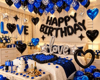 56 Pcs Blue Black Birthday Balloon Kit with Rose Petals - LOVE Happy Birthday Foil Balloons for Him Anniversary Romantic Decor