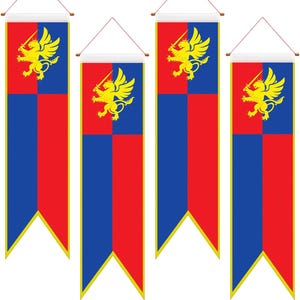 May include: Four vertical rectangular banners featuring a split red and blue background. Each banner displays a yellow winged lion holding a sword. The banners have a pointed bottom edge, a white top rod, and a thin red string for hanging.