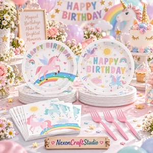 Pastel Unicorn Party Tableware Set: Rainbow Birthday Plates, Napkins, Forks (Serves 24)