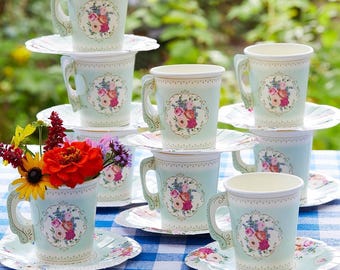 24 Pack Floral Paper Tea Cups & Saucers, Vintage Garden Party Decorations (6 oz)