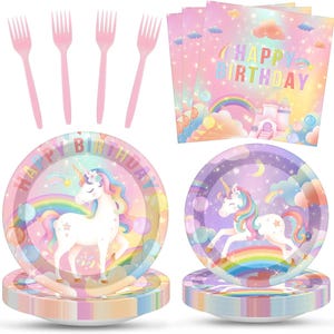 May include: A party supply set featuring four pink plastic forks, a stack of napkins with the text HAPPY BIRTHDAY, and two stacks of round paper plates. The plates and napkins display a white unicorn, a rainbow, clouds, and stars.