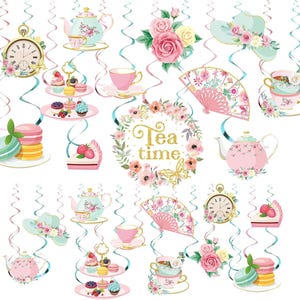 May include: A collection of hanging decorations featuring tea party elements including floral teapots, teacups, tiered dessert stands, macarons, strawberry cake slices, pink roses, folding fans, hats, and clocks, with a central sign reading Tea time.