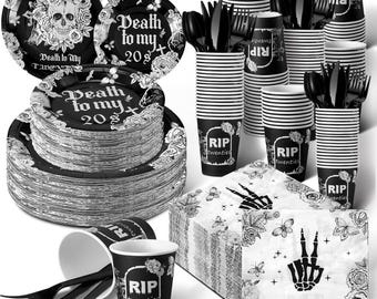 RIP Twenties Tableware Set, Skull Floral Plates Cups Napkins Cutlery